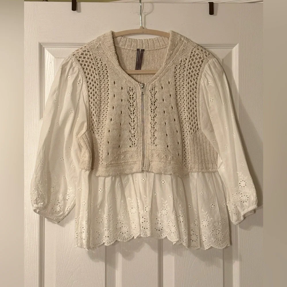 Anthropologie Half Zip Sweater Vest Eyelet Blouse Size S Like New